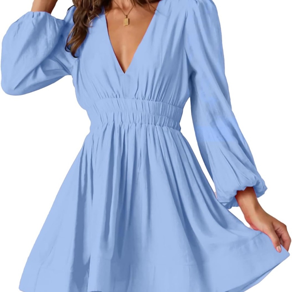 Chic Light Blue V-Neck Long Sleeve Dress